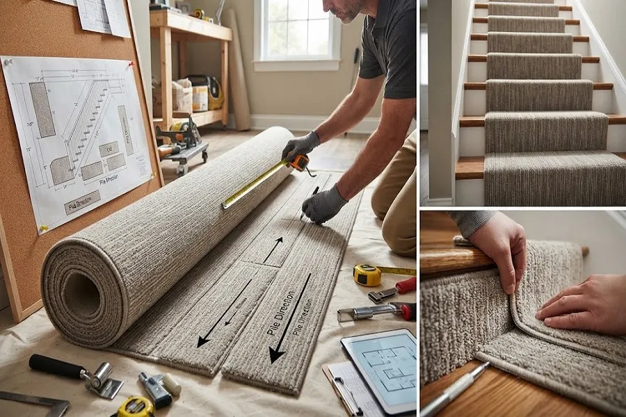 Carpet roll area and stair carpet pile direction measurement