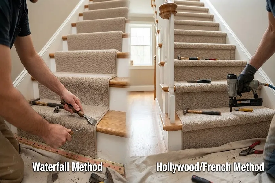 Waterfall and Hollywood stair carpet installation methods